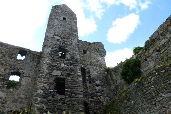 Main building with stair turret and corbelled bartizans and castellation