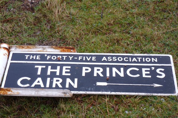 The Prince's Cairn, 1745 Association Sign after a winter storm