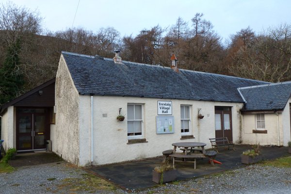 Geopark board No 3 is in the carpark of Trislaig Village Hall