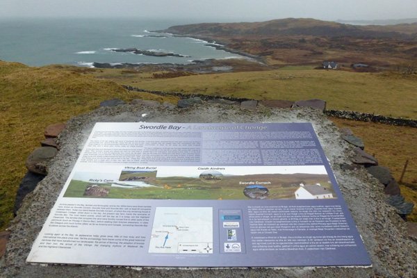 The Information board with details of the archaeological sites around Swordle Bay