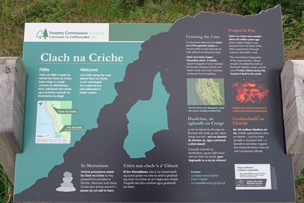 The interpretation board in the car park for Clach na Criche
