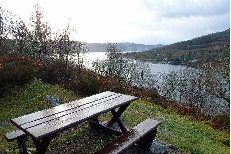 The picnic bench with good views over Salen and Loch Sunart at the start of the Salen Oakwoods walk