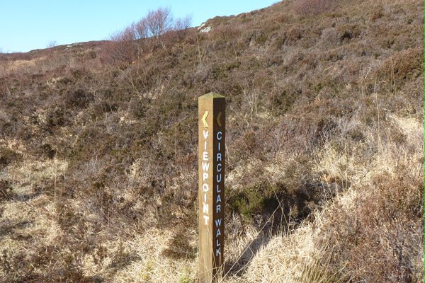 Waymarker post for the viewpoint on the moorland above Sonachan