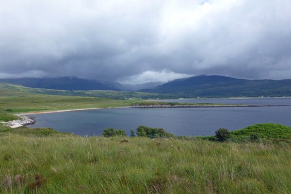 Looking back towards Cuil Bay from the walk to Rubha Mor
